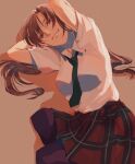  1girl arms_behind_head black_neckwear blue_eyes brown_hair light_smile looking_at_viewer lying makinami_mari_illustrious necktie neon_genesis_evangelion on_side plaid plaid_skirt school_uniform shadow shirt skirt smile solo tan_background thigh-highs white_shirt yuudai 