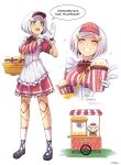  1girl absurdres black_footwear bob_cut chibi dress food food_stand highres joints multiple_views original popcorn red_dress red_headwear robot robot_joints short_hair short_sleeves striped striped_dress tfqr translation_request visor_cap white_background white_hair white_legwear 