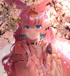  1girl animal_ears bangs bare_shoulders blue_bow blue_eyes blurry blurry_background blush bow closed_mouth collarbone depth_of_field detached_sleeves eyebrows_visible_through_hair flower hair_between_eyes hair_bow headpiece highres long_hair long_sleeves looking_at_viewer monaka_natsume original petals pink_hair rabbit_ears ribbon-trimmed_sleeves ribbon_trim solo upper_body very_long_hair white_flower white_sleeves wide_sleeves 