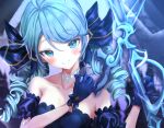  0kizakura 1girl ahoge black_dress black_gloves black_ribbon blue_eyes blue_hair blush breasts collarbone doll dress drill_hair frills gloves gwen_(league_of_legends) hair_ornament hair_ribbon holding holding_scissors jewelry league_of_legends long_hair looking_at_viewer necklace open_mouth ribbon ringlets scissors smile solo teeth twin_drills twintails weapon 