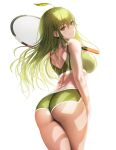  1girl :d absurdres ahoge arm_at_side ass bangs bare_shoulders blush bra breasts cowboy_shot dolphin_shorts eyebrows_visible_through_hair from_behind green_bra green_eyes green_hair green_nails grin hair_between_eyes highres holding holding_racket large_breasts leaf leaf_on_head long_hair looking_at_viewer looking_back looking_to_the_side nail_polish navel open_mouth original racket short_shorts short_twintails shorts shoulder_blades sidelocks smile solo sports_bra sportswear standing teeth tennis_racket thighs tokkihouse twintails underwear white_background 