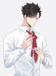  1boy adjusting_clothes adjusting_necktie bangs black_hair brown_eyes haikyuu!! highres kakan_king kuroo_tetsurou long_sleeves looking_away male_focus necktie shirt short_hair simple_background solo standing twitter_username upper_body white_background white_shirt 