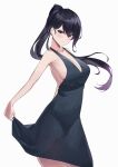  1girl absurdres bangs bare_arms bare_shoulders black_dress black_hair breasts closed_mouth collarbone cowboy_shot dress eyebrows_visible_through_hair from_side highres large_breasts long_hair looking_at_viewer manu_(pixiv41646715) original ponytail simple_background skirt_hold smile solo violet_eyes white_background 