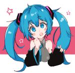  1girl bare_shoulders black_sleeves blue_eyes blue_hair blue_neckwear bokarokaku commentary cropped_torso detached_sleeves grey_shirt hair_ornament hatsune_miku long_hair looking_up necktie open_mouth shirt sleeveless sleeveless_shirt sleeves_past_wrists smile solo star_(symbol) twintails upper_body vocaloid 