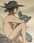 1boy absurdres artist_name bangs black_hair closed_mouth clothes commentary english_commentary fog gen_4_pokemon hat highres kyonart looking_up lucario male_focus nipples pokemon pokemon_(anime) pokemon_(creature) pokemon_m08 pokemon_rse_(anime) pouch shirtless sir_aaron sitting spiky_hair watermark 