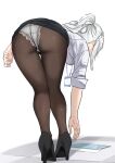  1girl absurdres ass bent_over black_footwear black_legwear clipboard emilia_(re:zero) from_behind high_heels highres id_card lin_shishan long_hair office_lady panties panties_under_pantyhose pantyhose ponytail re:zero_kara_hajimeru_isekai_seikatsu shirt underwear white_background white_hair white_panties white_shirt 