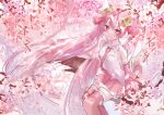  1girl absurdly_long_hair bare_shoulders branch cherry_blossoms cherry_hair_ornament commentary cowboy_shot detached_sleeves flower food_themed_hair_ornament hair_ornament hatsune_miku highres in_tree long_hair looking_at_viewer miniskirt necktie noneon319 pink_eyes pink_flower pink_hair pink_legwear pink_neckwear pink_skirt pink_sleeves pink_theme pleated_skirt sakura_miku shirt sideways_glance sitting sitting_in_tree sketch skirt sleeveless sleeveless_shirt smile solo thigh-highs tree twintails very_long_hair vocaloid white_shirt zettai_ryouiki 