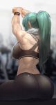  1girl arknights arms_up ass breasts from_behind green_hair highres horns hoshiguma_(arknights) large_breasts long_hair mo_ne muscular muscular_female ponytail sideboob single_horn sitting solo sweat towel towel_around_neck 