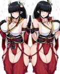  2girls black_hair breasts hair_ornament highres hime_cut hinoa japanese_clothes large_breasts leotard miko minoto monster_hunter_(series) monster_hunter_rise multiple_girls pointy_ears shimure_(460) siblings twins 