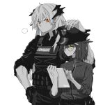  2girls arknights black_gloves blouse brown_hair collarbone dragon_tail glasses gloves greyscale hand_on_another&#039;s_head hat height_difference highres holding holding_tablet_pc long_hair monochrome multiple_girls orange_eyes police police_hat police_uniform rhine_lab_logo saria_(arknights) saria_(iron_law)_(arknights) short_hair silence_(arknights) simple_background sleeves_rolled_up spiked_tail spot_color striped_blouse sweat tablet_pc tail toned uniform white_background white_hair yellow_eyes zy 