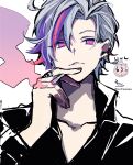  1boy absurdres bangs between_fingers black_shirt cigarette collarbone collared_shirt eyebrows_visible_through_hair fuwa_minato grey_hair hair_between_eyes hand_up highres holding holding_cigarette long_sleeves looking_at_viewer male_focus multicolored_hair nijisanji parted_bangs parted_lips purple_hair redhead shirt signature simple_background smoke sofra solo streaked_hair twitter_username upper_body violet_eyes virtual_youtuber white_background 