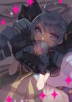  +_+ 1girl ahoge black_gloves blue_eyes blue_hair blurry blurry_background bow character_doll depth_of_field doll drill_hair eyebrows_visible_through_hair gloves gwen_(league_of_legends) hair_bow highres holding holding_doll league_of_legends looking_at_viewer lying solo star_(symbol) tarou_(natyou) twin_drills twintails 