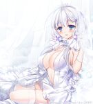  1girl azur_lane bare_shoulders blue_eyes breasts bridal_veil center_opening chinobara dress flower garter_straps gloves hair_ribbon halter_dress halterneck illustrious_(azur_lane) illustrious_(morning_star_of_love_and_hope)_(azur_lane) lace-trimmed_dress lace_trim large_breasts long_hair looking_at_viewer mole mole_under_eye official_alternate_costume ribbon silver_eyelashes skindentation sleeveless sleeveless_dress solo thigh-highs thighs tiara tress_ribbon tri_tails veil wedding_dress white_dress white_flower white_gloves white_hair white_legwear 