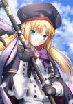  1girl artoria_pendragon_(all) artoria_pendragon_(caster)_(fate) blonde_hair blue_sky blurry bokeh buttons cape clouds cowboy_shot depth_of_field double-breasted eyebrows_visible_through_hair fate/grand_order fate_(series) green_eyes hat highres long_hair looking_at_viewer migiha neck_ribbon purple_ribbon ribbon sky smile solo staff twintails type-moon 