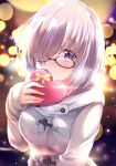  1girl blurry blush bokeh box breasts coat covering_mouth depth_of_field embarrassed fate/grand_order fate_(series) glasses hair_over_one_eye heart-shaped_box izumi_akane large_breasts light_purple_hair looking_at_viewer mash_kyrielight short_hair silver_hair solo upper_body valentine violet_eyes 