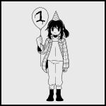  1girl balloon bangs black_eyes black_footwear black_hair calponpon full_body grey_background greyscale hat highres long_hair long_sleeves looking_at_viewer monochrome no_nose original party_hat ponytail simple_background smile solo standing 