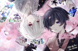  2boys absurdres after_the_rain barcode_tattoo black_hair highres long_hair looking_at_viewer mafumafu male_focus mochita_sei multiple_boys niconico open_mouth short_hair smile soraru tattoo tears utaite_(singer) white_hair 