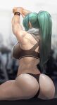  1girl arknights arms_up ass breasts from_behind green_hair highres horns hoshiguma_(arknights) large_breasts long_hair mo_ne muscular muscular_female ponytail sideboob single_horn sitting solo sweat 