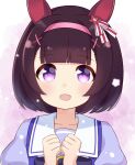  1girl :d animal_ears bangs blunt_bangs blush bow brown_hair clenched_hands collarbone commentary ear_covers eyebrows_visible_through_hair gradient gradient_background hair_ornament hair_ribbon hairband hairclip hands_up happy horse_ears ixia_(ixia424) looking_at_viewer nishino_flower_(umamusume) open_mouth pink_hairband portrait purple_bow purple_shirt ribbon sailor_collar school_uniform shirt short_hair smile solo tracen_school_uniform umamusume violet_eyes white_sailor_collar x_hair_ornament 