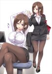  1girl :o arms_up bag black_footwear bracelet breasts brown_hair brown_legwear chair compact_(cosmetics) computer crossed_legs handbag jewelry large_breasts looking_at_viewer medium_hair mizuhara_yuu multiple_views office_lady original pantyhose pencil_skirt sitting skirt standing 