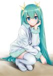  1girl :3 absurdres aqua_hair arm_support blue_eyes coat commentary full_body fur-trimmed_coat fur_trim hair_ornament hatsune_miku head_rest high_heels highres long_hair looking_at_viewer nekoinu_bamboo smile solo squatting thigh-highs twintails very_long_hair vocaloid white_background white_coat white_legwear 