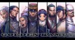  1girl 6+boys asirpa beard black_eyes black_hair blue_eyes boyaking buzz_cut chest_hair copyright_name earrings facial_hair forehead_protector fur_trim goatee golden_kamuy grey_hair grin hat headband hijikata_toshizou_(golden_kamuy) jewelry kepi kiroranke long_sleeves looking_at_viewer military military_hat military_uniform multiple_boys ogata_hyakunosuke old old_man open_mouth scar scar_on_cheek scar_on_face scar_on_nose scarf shiraishi_yoshitake short_hair sideburns simple_background smile sugimoto_saichi tanigaki_genjirou tsurumi_tokushirou uniform upper_body very_short_hair white_background white_hair wolf wrinkled_skin 