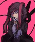  1girl animal_ears animal_hood black_jacket bunny_hood commentary dress expressionless hair_tubes highres hood hood_up hooded_jacket jacket kannagoto logo one_eye_covered pink_background purple_dress purple_hair rabbit rabbit_ears sidelocks solo upper_body violet_eyes vocaloid voiceroid yuzuki_yukari 