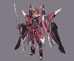  1girl bangs double-blade fantasy gloves green_eyes grey_background gundam gundam_seed gundam_seed_destiny head_tilt highres holding holding_shield holding_sword holding_weapon horns infinite_justice_gundam looking_at_viewer mecha_musume mechanical_wings nakamura_eight pants personification red_pants redhead shield short_hair single_horn sketch solo sword v-fin weapon wings 