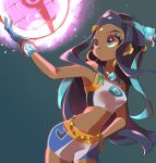  1girl arm_up armlet belly_chain bike_shorts black_hair blue_eyes blue_eyeshadow blue_hair breasts closed_mouth commentary_request dark_skin dark-skinned_female dynamax_ball dynamax_band earrings eyeshadow gloves green_background gym_leader hair_bun hand_on_hip highres holding holding_poke_ball hoop_earrings hyou_(hyouga617) jewelry long_hair looking_back makeup multicolored_hair necklace nessa_(pokemon) poke_ball pokemon pokemon_(game) pokemon_swsh simple_background single_glove solo two-tone_hair 