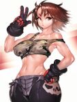  1girl bare_shoulders black_gloves breasts brown_eyes brown_hair covered_nipples fumio_(rsqkr) gloves hand_on_hip highres kazama_akira looking_at_viewer medium_breasts midriff navel parted_lips rival_schools short_hair solo v 