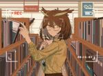  1girl arknights book bookshelf brown_hair english_text engrish_text feather_hair frown glasses green_eyes highres holding holding_book indoors library looking_at_viewer orange_sweater ranguage recording rhine_lab_logo short_hair silence_(arknights) solo striped striped_sweater sweater tile_floor tiles upper_body viewfinder window zy 