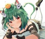 1girl :t absurdres animal_ears bangs bed_sheet bird blush breasts cat_ears cat_tail chick collarbone commentary_request dress eyebrows_visible_through_hair fang frilled_dress frills green_hair hair_ornament hair_ribbon highres hololive kimae legs_up loafers looking_at_viewer lying medium_hair on_stomach red_eyes ribbon shoes sidelocks simple_background skull_collar skull_hair_ornament small_breasts smile solo tail the_pose thigh-highs uruha_rushia virtual_youtuber white_background white_legwear 
