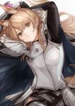  1girl absurdres animal_ear_fluff animal_ears arknights armor arms_behind_head bangs black_gloves blemishine_(arknights) blonde_hair brown_eyes cape commentary extra_ears eyebrows_visible_through_hair gloves head_tilt highres horse_ears horse_girl kingdom_of_kazimierz_logo long_hair looking_at_viewer midu5 solo upper_body white_background 