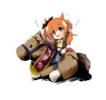  1girl :d animal_ears arm_up black_legwear black_ribbon boots brown_eyes brown_footwear brown_hair brown_jacket chibi commentary_request crop_top dog_tags ear_ribbon fringe_trim horse horse_ears horse_girl horse_tail jacket long_hair mayano_top_gun_(umamusume) midriff mister_(black_and_white) navel open_clothes open_jacket open_mouth ribbon shirt short_shorts shorts simple_background smile solo tail thigh-highs thighhighs_under_boots translation_request twintails two_side_up umamusume very_long_hair white_background white_shirt white_shorts 