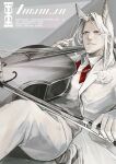  1boy arknights bow_(instrument) brown_eyes cello facial_hair flower formal goatee grey_background hellagur_(arknights) highres instrument long_hair male_focus oaza pants sitting solo suit suit_jacket white_flower white_hair white_pants white_suit 