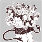  3girls azazel_(helltaker) border breasts camera commentary cuffs dated demon_tail fingerless_gloves frown gloves grey_background greyscale hand_on_hip handcuffs hat helltaker holding holding_camera horns justice_(helltaker) long_hair medium_breasts modeus_(helltaker) monochrome multiple_girls official_alternate_costume police police_hat police_uniform policewoman ponytail root_12047841 short_hair shorts small_breasts smile sparkle sunglasses tail uniform white_border 