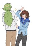  2boys arm_up blue_jacket brown_hair green_hair highres hilbert_(pokemon) jacket long_hair male_focus motion_blur motion_lines multiple_boys n_(pokemon) open_mouth p_(flavorppp) pants pokemon pokemon_(game) pokemon_bw ponytail shirt short_hair simple_background sketch white_background white_shirt zipper_pull_tab 