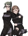  2girls arm_grab bangs black_jacket black_legwear black_skirt breasts brown_hair closed_eyes closed_mouth commentary cowboy_shot gakuran glasses green_eyes green_hair grin highres hug jacket jujutsu_kaisen kugisaki_nobara light_smile locked_arms long_sleeves looking_at_another looking_to_the_side medium_breasts medium_hair miniskirt multiple_girls pantyhose parted_bangs pleated_skirt ponytail purple-framed_eyewear school_uniform semi-rimless_eyewear short_hair simple_background skirt smile ulov390 uniform white_background zen&#039;in_maki 