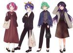  4girls alternate_costume blue_eyes blue_hair bracelet_girls closed_mouth earrings full_body green_eyes green_hair hiiragi_yuzu kurosaki_ruri multicolored_hair open_mouth orange_eyes pink_eyes pink_hair purple_hair rin_(yuu-gi-ou_arc-v) serena_(yuu-gi-ou_arc-v) short_twintails smile yaharinaneanisu yellow_bow yuu-gi-ou yuu-gi-ou_arc-v 