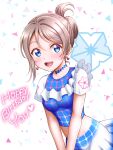  1girl bangs birthday blue_eyes breasts character_name ckst commentary_request earrings english_text eyebrows_visible_through_hair hair_bun happy_birthday highres jewelry light_brown_hair looking_at_viewer love_live! love_live!_sunshine!! medium_breasts midriff short_hair short_sleeves sidelocks solo watanabe_you 