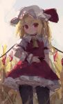  absurdres blonde_hair bow choker collared_shirt dress flandre_scarlet frills gem hat highres mob_cap pantyhose red_bow red_dress red_eyes reddizen shadow shirt sky smile touhou white_headwear wings wrist_cuffs yellow_bow 