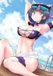  1girl :3 absurdres animal_band arm_garter armpits arms_behind_head arms_up azur_lane bangs beach_chair beach_umbrella bikini blue_eyes breasts cheshire_(azur_lane) cheshire_(summery_date!)_(azur_lane) edoara eyewear_on_head grey_hair highres large_breasts leg_garter long_hair long_ribbon looking_at_viewer maid maid_headdress multicolored_hair navel purple_bikini sarong smile solo strapless strapless_bikini streaked_hair sunglasses swimsuit swimwear tinted_eyewear umbrella 