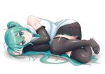  1girl aqua_hair aqua_neckwear bare_shoulders black_legwear black_skirt black_sleeves blue_eyes commentary detached_sleeves fetal_position full_body hair_ornament hatsune_miku hatsune_miku_(vocaloid4) highres long_hair looking_at_viewer lying miniskirt necktie nekoinu_bamboo on_side pleated_skirt shirt shoulder_tattoo skirt sleeveless sleeveless_shirt smile solo tattoo thigh-highs twintails v4x very_long_hair vocaloid white_background white_shirt zettai_ryouiki 