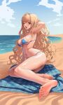  1girl ;o absurdres ahoge armpits ass bare_arms bare_legs bare_shoulders barefoot beach beach_towel bikini blonde_hair blue_bikini blue_sky breasts day destiny_child feet full_body highres long_hair looking_at_viewer medium_breasts micro_bikini mole mole_on_ass navel ocean one_eye_closed outdoors red_eyes sky soles solo string_bikini sweat swimsuit towel very_long_hair wavy_hair zig90 