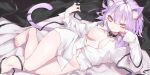  1girl ahoge animal_ear_fluff animal_ears bangs bed blush breasts cat_ears cat_girl cat_tail eyebrows_visible_through_hair hair_between_eyes highres hinamori_(18ar0) hololive looking_at_viewer nekomata_okayu open_clothes open_mouth open_shirt purple_hair short_hair smile solo tail violet_eyes virtual_youtuber 