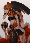 2boys ball bangs black_hair cape crown fur_trim haikyuu!! hand_on_another&#039;s_shoulder highres hinata_shouyou holding holding_ball kageyama_tobio looking_away male_focus multiple_boys open_mouth orange_eyes orange_hair profile shaded_face short_hair simple_background sportswear standing tatami06 volleyball_uniform wings 