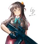 1girl artist_logo black_hair commentary_request dated grey_legwear grey_shirt gun hair_ribbon highres kantai_collection ld_(luna_dial398) long_hair looking_at_viewer multicolored_hair naganami_(kancolle) pink_hair purple_skirt ribbon rifle shirt simple_background skirt smile sniper_scope solo two-tone_hair wavy_hair weapon weapon_request white_background yellow_ribbon 