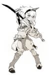  1girl absurdres armor bangs cropped_vest ddari detached_sleeves facing_viewer fighting_stance fur-trimmed_sleeves fur-trimmed_vest fur_trim gloves greyscale headband highres holding holding_sword holding_weapon horns kirin_(armor) legs_apart loincloth long_sword medium_hair midriff monochrome monster_hunter_(series) navel parted_lips pelvic_curtain simple_background solo standing stomach sword thighs vest weapon white_background 