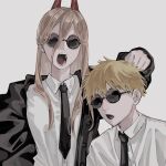  1boy 1girl black_jacket black_neckwear blonde_hair chainsaw_man collared_shirt commentary demon_horns denji_(chainsaw_man) dress_shirt facing_viewer grey_background hair_between_eyes highres horns jacket long_hair necktie open_clothes open_jacket open_mouth power_(chainsaw_man) round_eyewear sharp_teeth shirt short_hair simple_background spiky_hair straight_hair sunglasses teeth ulov390 upper_body white_shirt wing_collar 