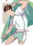  1boy arms_up bangs brown_eyes brown_hair confetti haikyuu!! highres looking_at_viewer male_focus oikawa_tooru_(haikyuu!!) short_hair simple_background smile solo sportswear standing tatami06 volleyball_uniform 